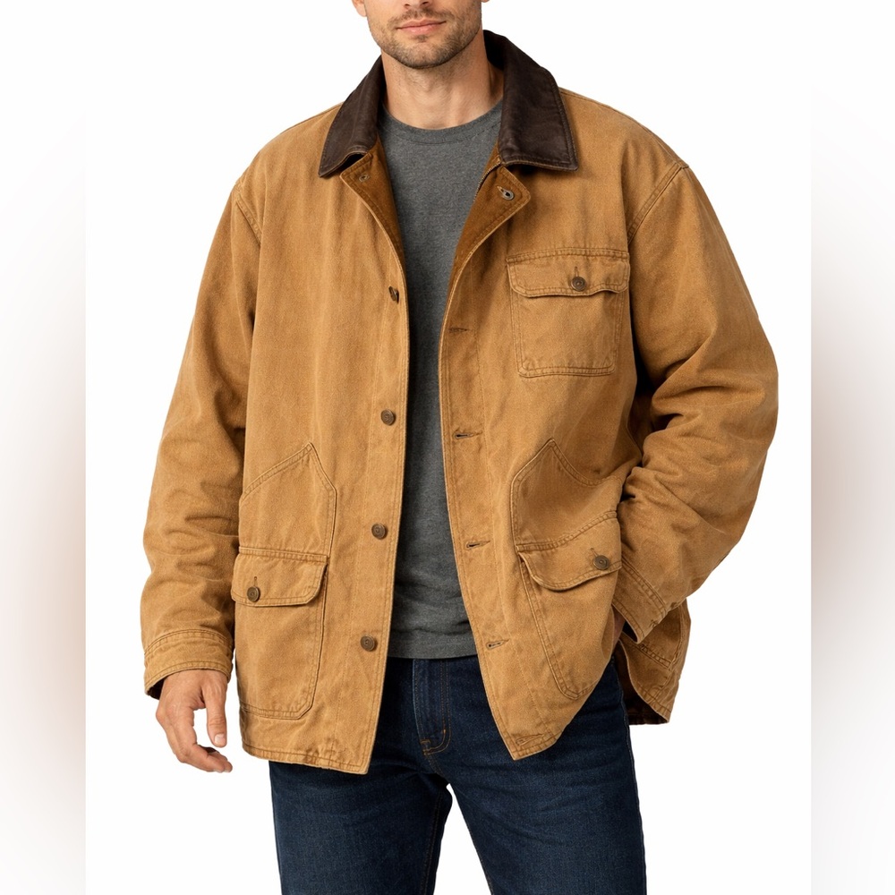 Men Vintage Aberdeen Reversible Tan Brown Canvas Leather Barn Chore Jacket Large